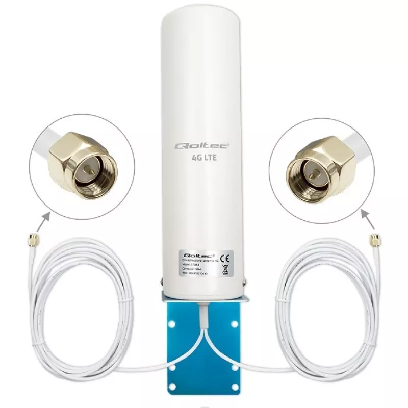 Outdoor omnidirectionele 4G LTE-antenne QOLTEC 57044, 5 dBi, 600–2700 MHz, 50 W, 50 Ω, witte koperen behuizing