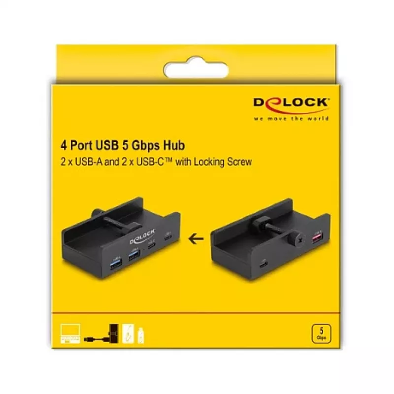 Delock 64262 externe USB 5 Gbps 4-poorts hub, 2x USB Type-A en 2x USB Type-C, met borgschroef