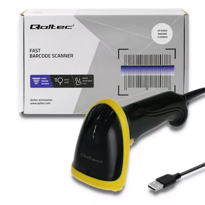 Qoltec 50867 laserbarcodescanner 1D/2D, USB, zwart