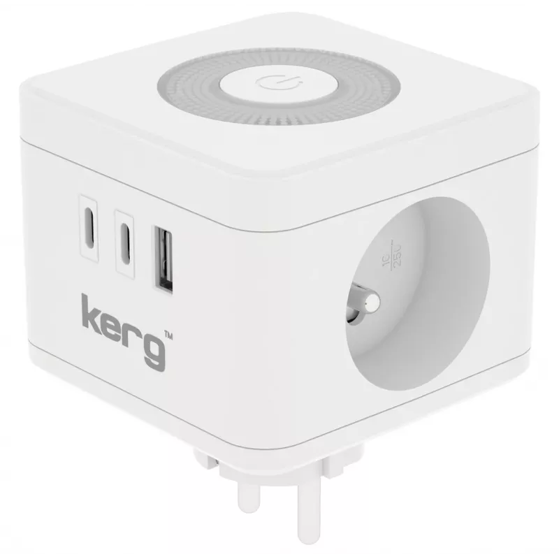 Stekkerdoos Kerg M02730 — 2 Type-F-stopcontacten, 3 USB-aansluitingen (USB-A + USB-C), 16 A 250 V~, 1,5 m kabel, wit