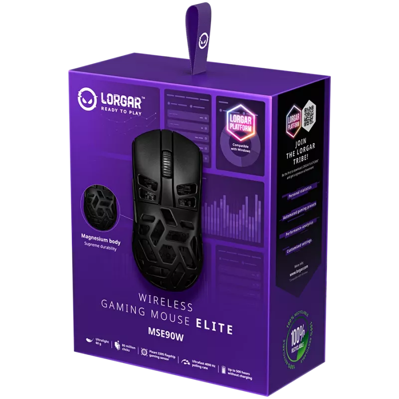 LORGAR MSE90W, magnesiumlegering draadloze gaming-muis Elite, zwart