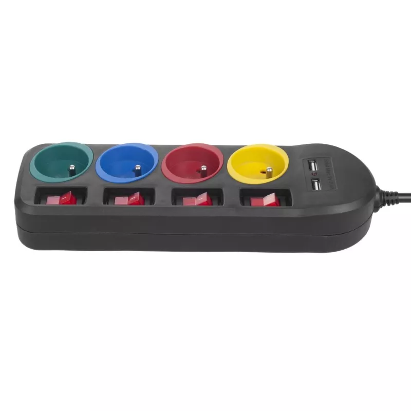 Stekkerdoos MACLEAN MCE229B — 4 AC-stopcontacten, 2× USB-A, 1,5 m kabel, 10 A, type F, binnen, zwart