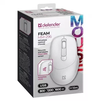 Defender Feam MM-296 52297 draadloze muis, stille klik, optisch, 1600 DPI, USB, wit