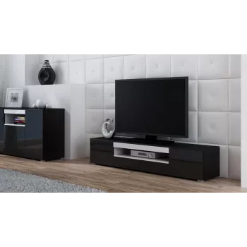 TV-standaard cama meble VIVA 180 — 1800×400×370 mm, zwarte bovenplaat (spaanplaat), zwart frame, witte accenten