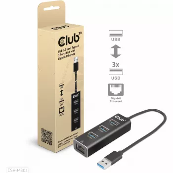 USB-hub CLUB3D USB 3.2 Gen1 Type-A met 3 aansluitingen en Gigabit-Ethernet
