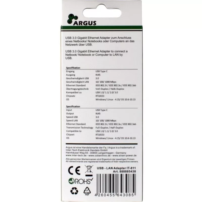 Inter-Tech Argus IT-811 - netwerkadapter - USB-C - Gigabit Ethernet - zwart (88885438)