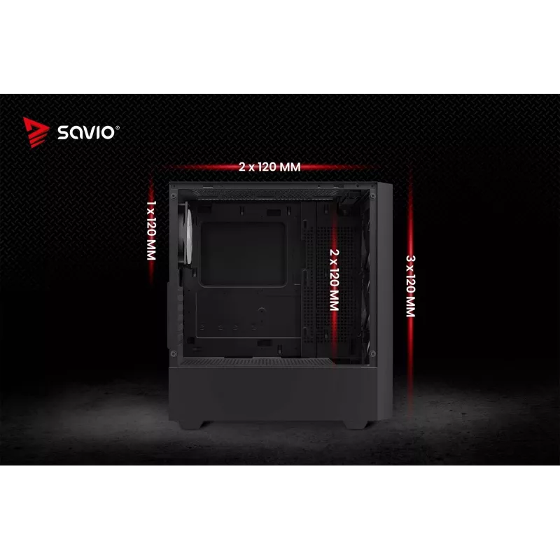 PC-behuizing SAVIO Noctis Flow RGB — Cube, ATX/Mini-ITX, 3x 120 mm frontventilatoren, zijvenster van gehard glas, max. GPU 35 cm
