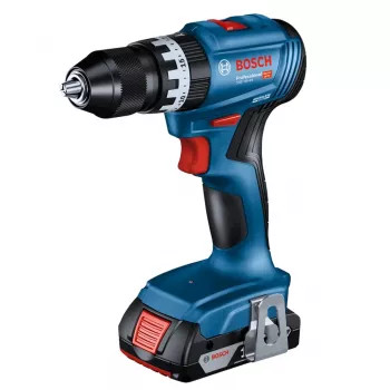 Accuboormachine Bosch GSB 18 V — 18 V, 4 Ah Li‑Ion, 45 N·m, 500/1900 t/min, 35 mm hout, 10 mm staal, 2 batterijen, oplader, koffer