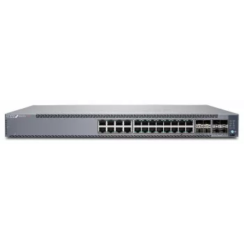 Juniper EX4100 24-poorts 10/100/1000BaseT PoE+, 4x 10G SFP+ uplink-poorten, 4x 25G SFP28 stacking-/uplink-poorten, redundante ventilatoren, 1 AC-voeding JPSU-920-AC-AFO meegeleverd (optica apart verkrijgbaar) met standaard-SW. TAA-conform. (EX4100-24P)