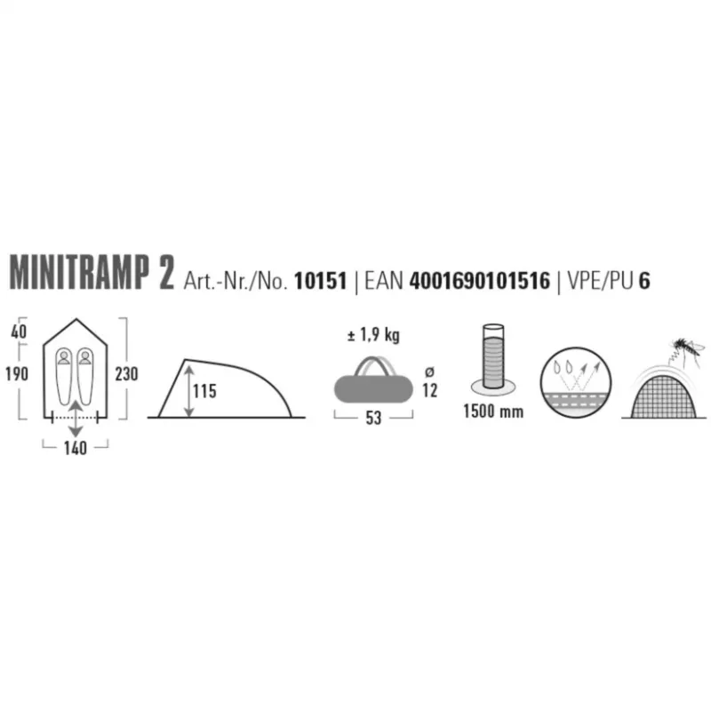 Tent High Peak Minitramp 2 licht zwart/rood — compacte 2-persoons campingtent