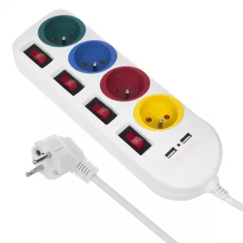Stekkerdoos MACLEAN MCE229W — 4 stopcontacten, 2× USB, 1,5 m kabel, Type F, 10 A, wit