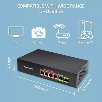 Ethernet PoE-switch QOLTEC 52296 — 4x RJ45 PoE-poorten, 1x RJ45 uplink