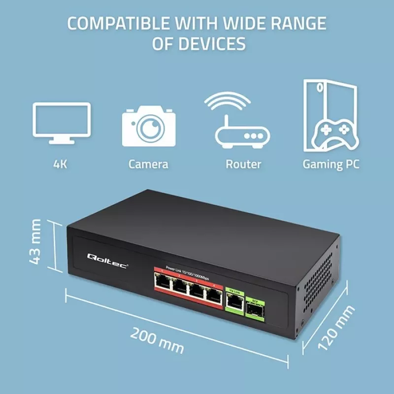 Ethernet PoE-switch QOLTEC 52296 — 4x RJ45 PoE-poorten, 1x RJ45 uplink