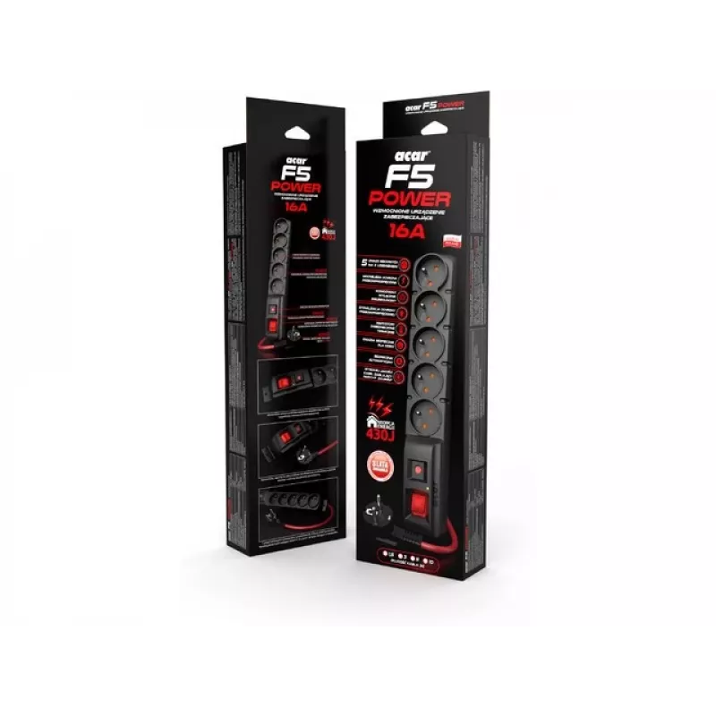 ACAR F5 POWER stekkerdoos met overspanningsbeveiliging, 5 stopcontacten, 16 A, met schakelaar, 1,5 m, zwart