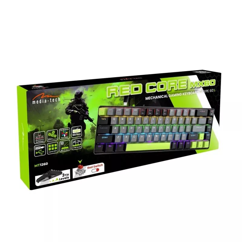Mechanisch toetsenbord MEDIA-TECH MT1260 Red Core MX60, 60% formfactor, CHERRY MX Red schakelaars, RGB-verlichting, USB, groen