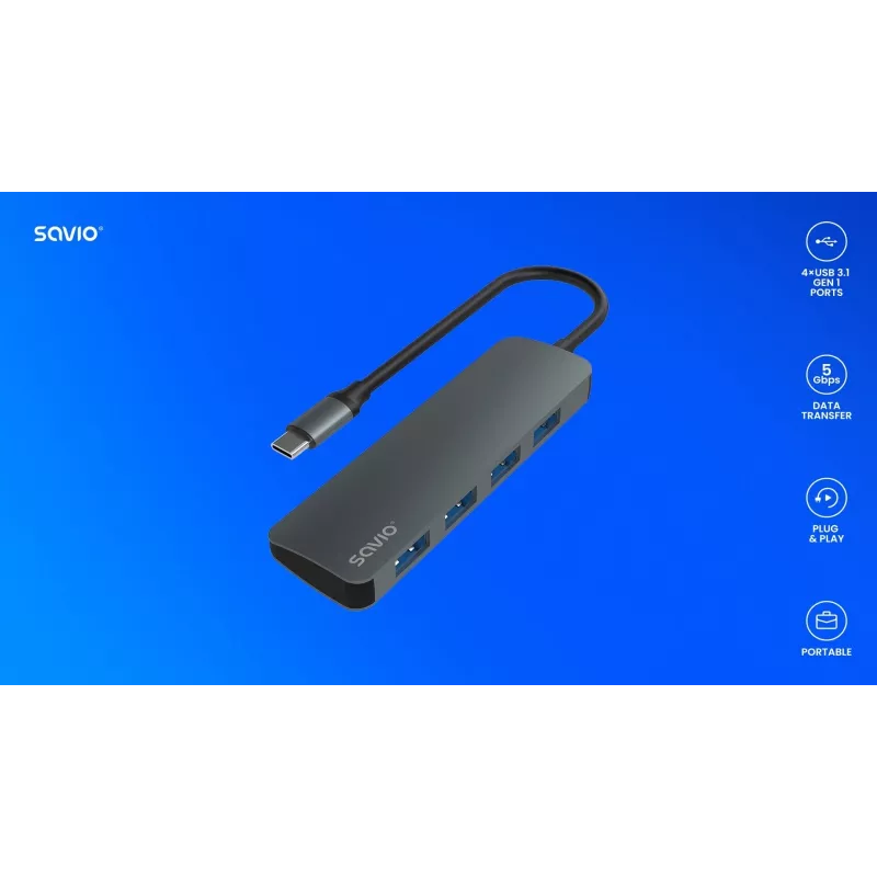 USB-hub SAVIO AK-54 — 4 x USB-A (USB 3.2 Gen 1), USB-C-host, zwart