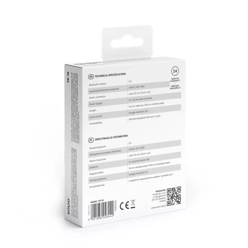Savio TR-16 transmitter AUX-adapter met handsfree functie, Bluetooth 5.3, Google Assistant/Siri
