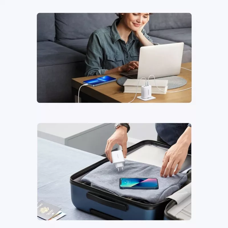 Wandlader UGREEN CD275 2× USB Type-C 65W wit — dual-USB-C 65W snelladen, 100–240V ingang