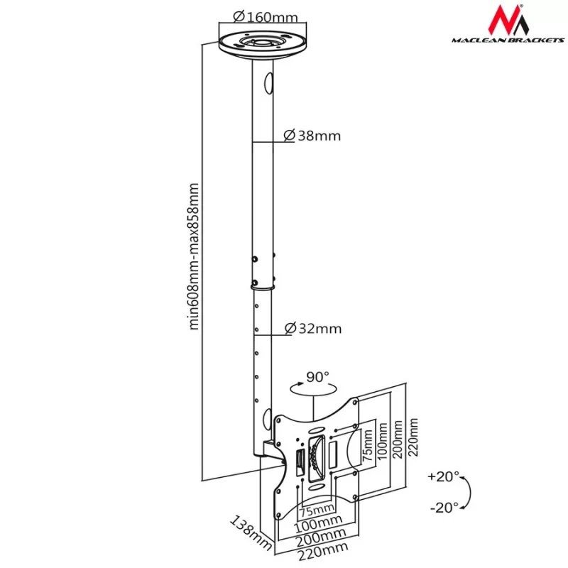 Maclean MC-504A B tv-plafondsteun 23-42 50 - 85 cm 30 kg zwart
