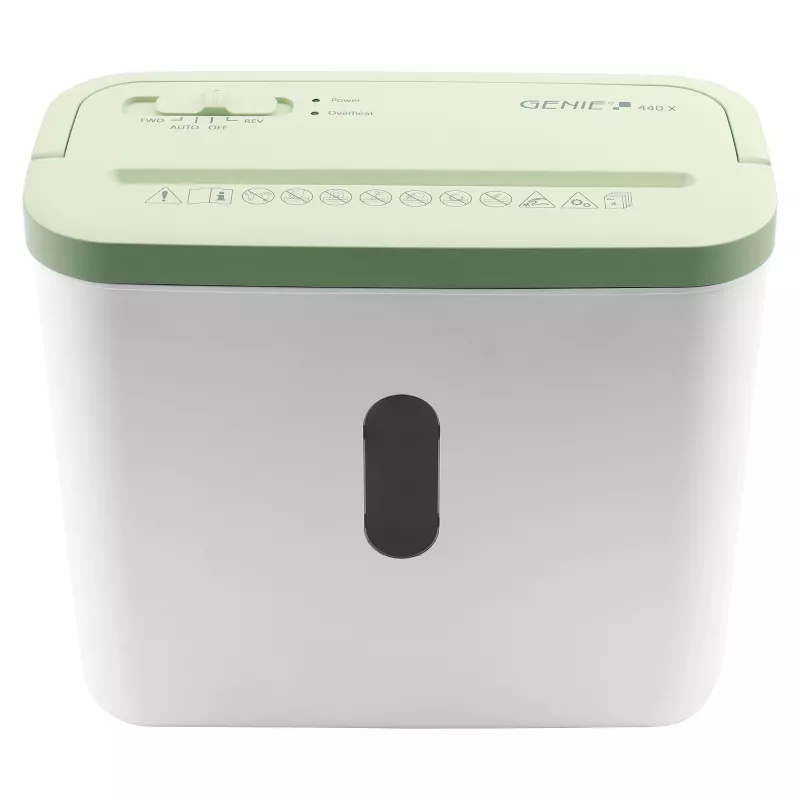 Documentenversnipperaar Genie 440 X GR — kruissnede 4 x 38 mm, 8 L opvangbak, 300 W, groen/wit