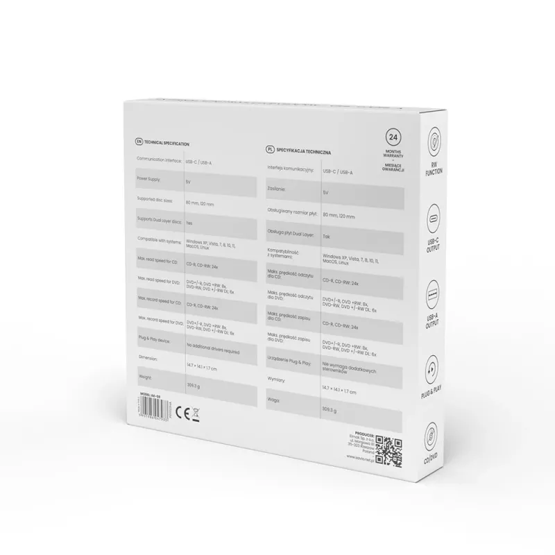 SAVIO AK-59 externe slanke CD/DVD-brander R/RW - USB-C/USB-A, zwart