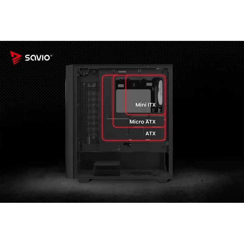 PC-behuizing SAVIO Noctis Flow RGB — Cube, ATX/Mini-ITX, 3x 120 mm frontventilatoren, zijvenster van gehard glas, max. GPU 35 cm