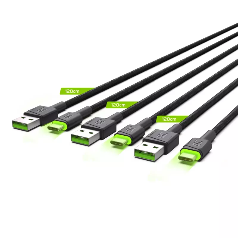 Green Cell Ray KABGCSET02 USB-A-naar-USB-C-kabelset (3 st.), 1,2 m, 480 Mbps, groene LED-verlichting