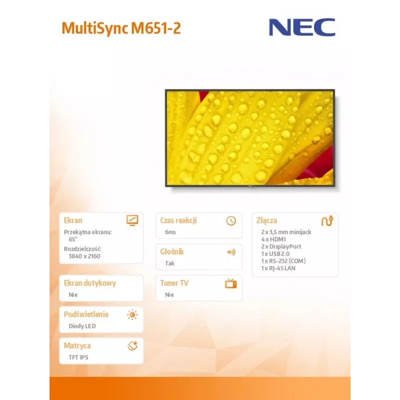 NEC MultiSync M651-2 kioskdesign 165,1 cm (65 inch) LED 500 cd/m² 4K Ultra HD zwart ingebouwde processor