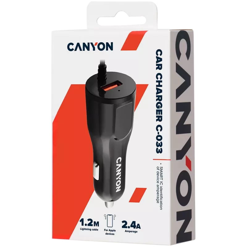 CANYON Autolader C-033 2,4A/USB-A geïntegreerde Lightning-aansluiting Zwart