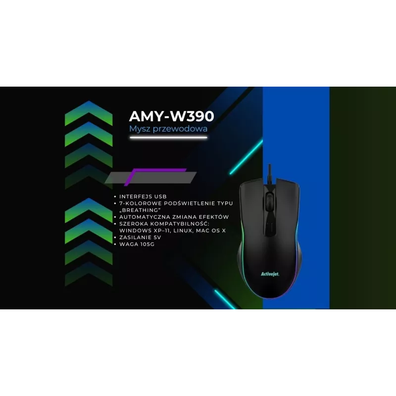 Bedrade verwarmde gaming-muis ActiveJet AMY-W390 — dubbelhandig, optisch 2000 DPI, USB Type-A, 4 knoppen, zwart