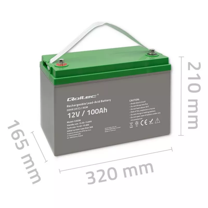 Qoltec 53038 AGM-accu | 12V | 100Ah | max 1200A
