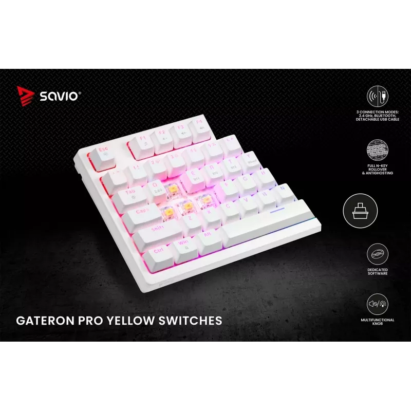 SAVIO PHENIX WHITE draadloos mechanisch toetsenbord, Gateron Red Pro, ABS