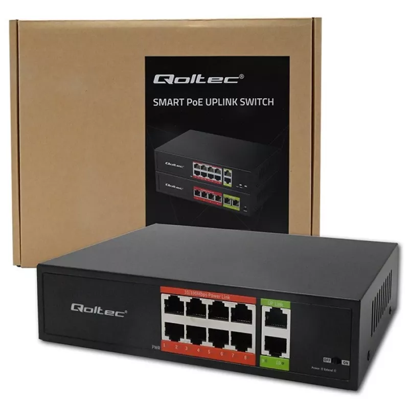 Netwerkswitch QOLTEC Fast Ethernet PoE 8xRJ45 met 2xRJ45 uplink