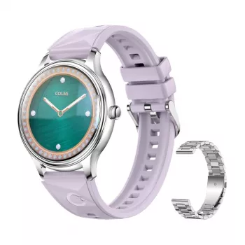 Colmi L28 smartwatch, zilver-paars, zilverkleurige stalen band