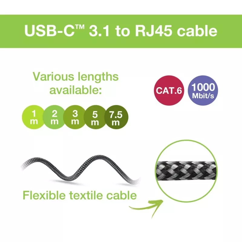 Techly ICOC U3C-RJ45-010 USB-C naar Gigabit Ethernet adapterkabel, 1 m, zwart/zilver