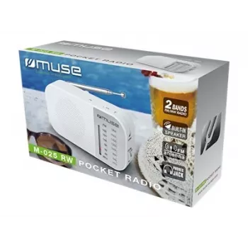 Draagbare radio Muse M-025 RW — analoge FM/MW, wit, op batterijen, externe antenne