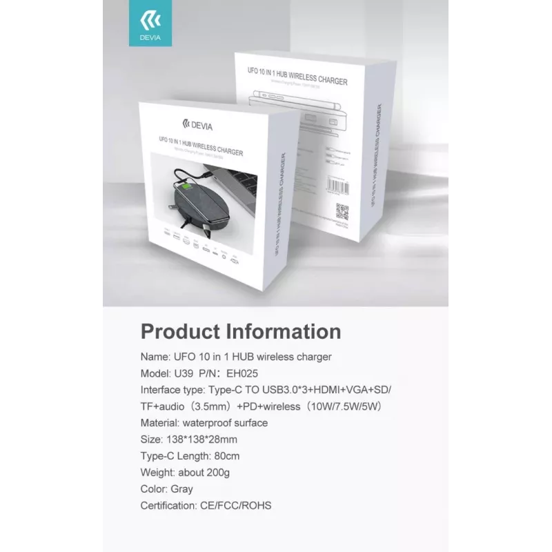 Devia UFO 10-in-1 USB-C-hub met draadloze oplader, grijs