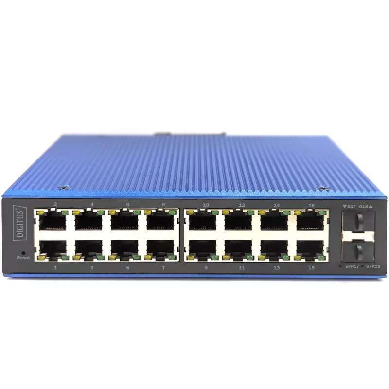 DIGITUS Industrial L2 Managed Gigabit Ethernet-switch 16x RJ-45 + 2x SFP, 12–48V DC, 8000 MAC