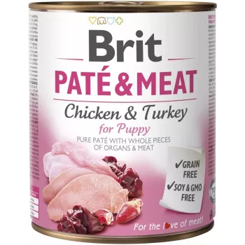 Natte voeding voor honden Brit Paté & Meat 800 g — complete natte voeding, junior, kalkoen & kip, graanvrij, 75% vocht