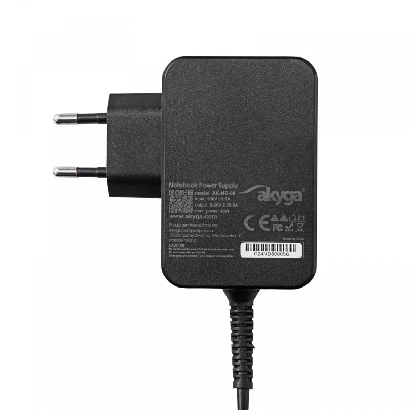 Akyga AK-ND-80 USB-C-GaN-notebookvoeding 45 W, PD 3.0, 5–20 V, 1,8 m kabel, zwart
