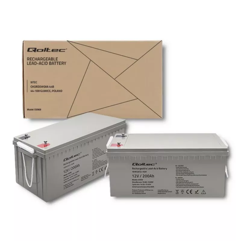 Oplaadbare AGM-batterij QOLTEC 53069 12V 200Ah voor back-upstroomvoorziening en UPS-systemen