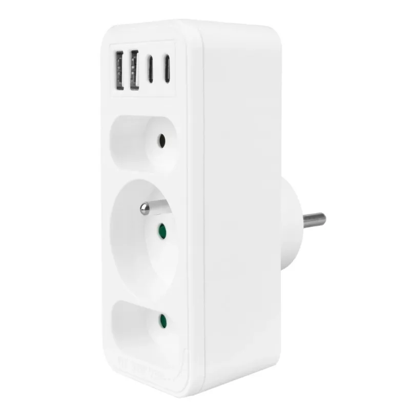Power splitter MACLEAN MCE248 F/W — 3 AC-stopcontacten (1×16A, 2×6A) + 4×USB (2×A, 2×C PD 20W), EU-stekker, wit