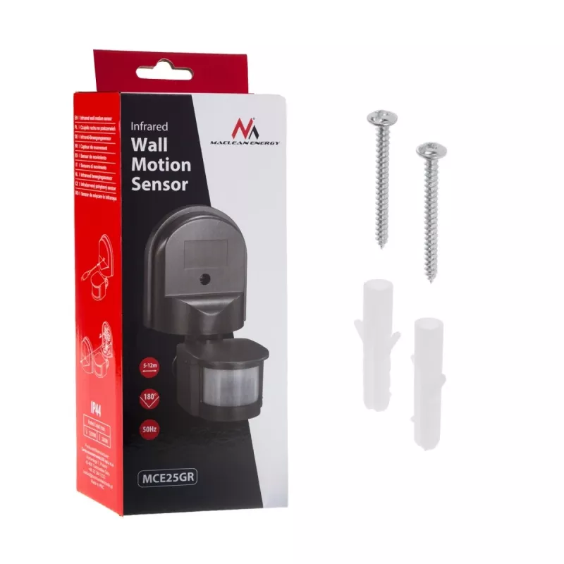 Maclean MCE25 GR wandgemonteerde 180° bewegings- en schemersensor, max. 1200W, grijs