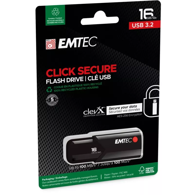 USB-stick Emtec B120 Click Secure 16 GB USB Type-A 3.2 Gen 2 zwart