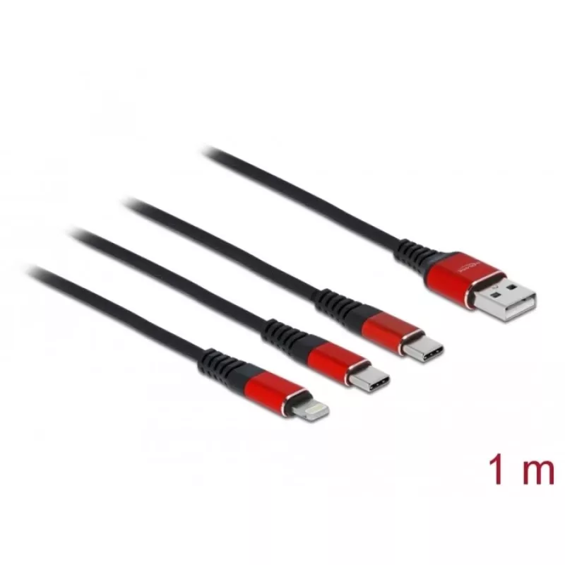 USB-oplaadkabel DeLOCK 3-in-1 Type-A naar Lightning / 2 x USB Type-C 1 m zwart / rood