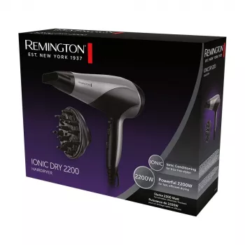 Haardroger Remington D3190S — 2200 W, ionisch, 3 warmtestanden, 2 snelheden, koudstand, diffusor & concentrator (zilver/zwart)