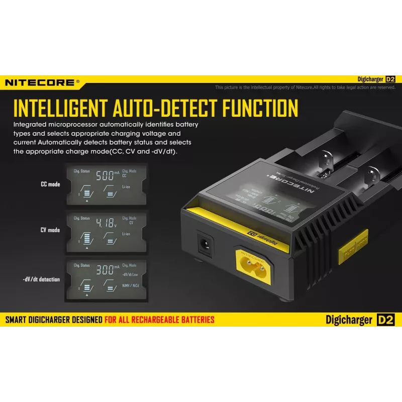 Batterijoplader Nitecore D2 — 2-vaks oplader voor AA/AAA/AAAA/C-accu's, 100–240V ingangsspanning, 4,2V uitgangsspanning, zwart