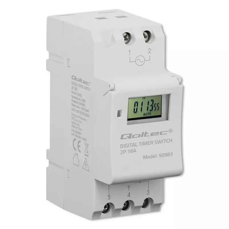 DIN-rail elektronische tijdschakelaar QOLTEC 50983, batterijgevoed, voor automatiseringsschakelingen