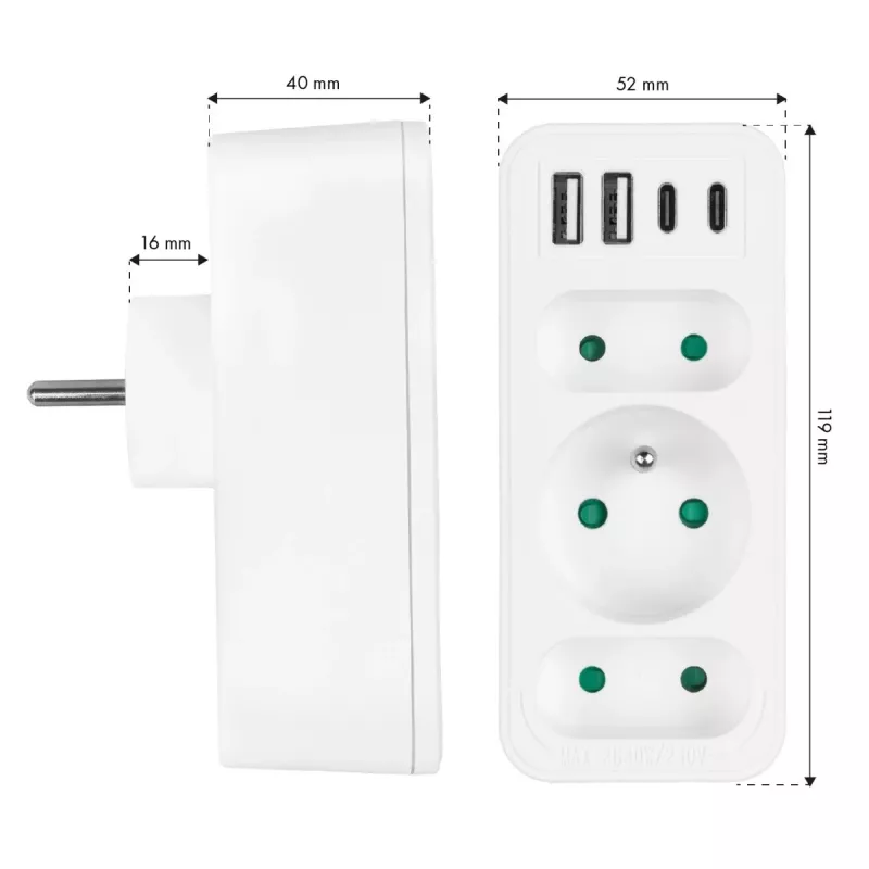 Power splitter MACLEAN MCE248 F/W — 3 AC-stopcontacten (1×16A, 2×6A) + 4×USB (2×A, 2×C PD 20W), EU-stekker, wit