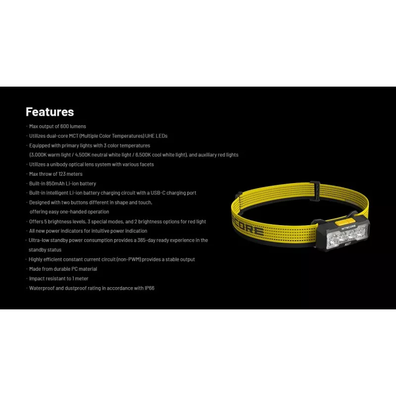 Nitecore NU27 hoofdlamp zwart, gele LED-hoofdlamp